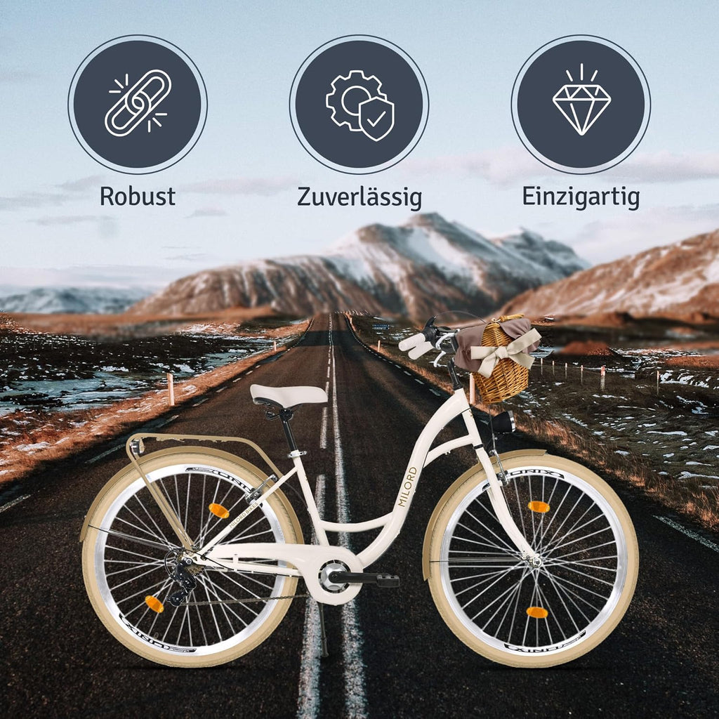 Bicicleta de paseo genérica Komfort, bicicleta urbana con cesta de mimbre, bicicleta para mujer, estilo holandés, 28 pulgadas, crema y marrón, 7 velocidades