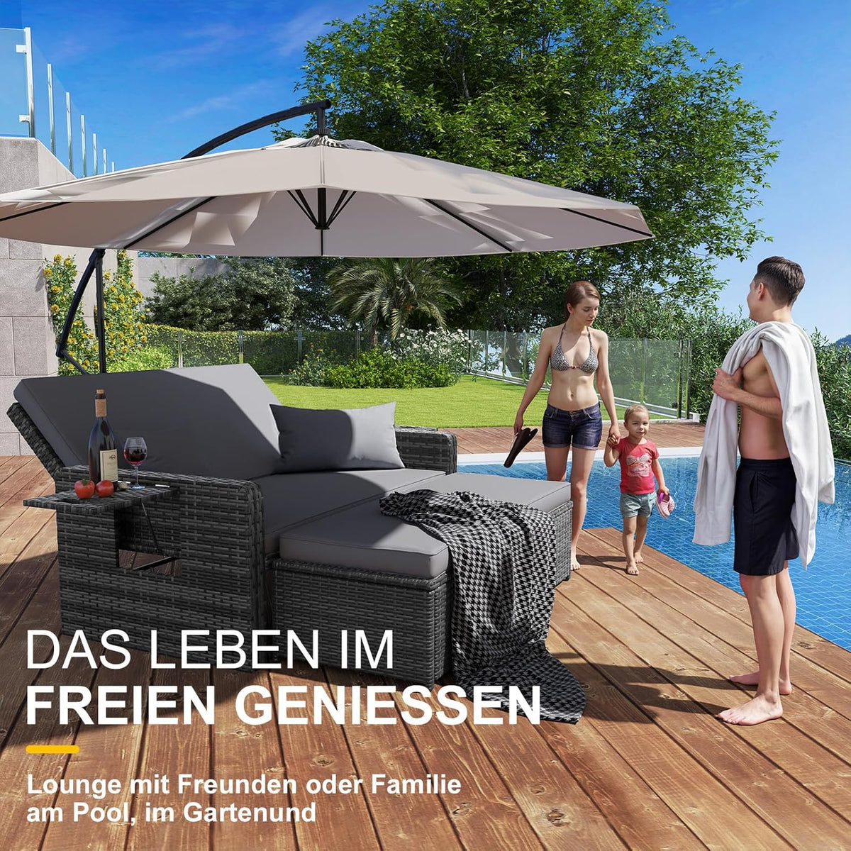 Muebles de salón de ratán para exteriores UDPATIO, muebles de balcón, sofá de jardín con taburete, sofá de ratán con espacio de almacenamiento, cama de jardín ajustable de 2 plazas para terraza, balcón, jardín, gris jaspeado y fundas gris oscuro