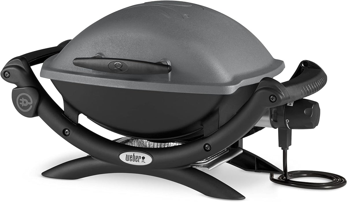 Barbacoa eléctrica Weber Q1400, superficie de cocción de 43 x 32 cm, barbacoa portátil, rejilla de cocción de hierro fundido vitrificado dividida en 2, tapa y cuerpo de aluminio fundido - Gris oscuro (52020079)
