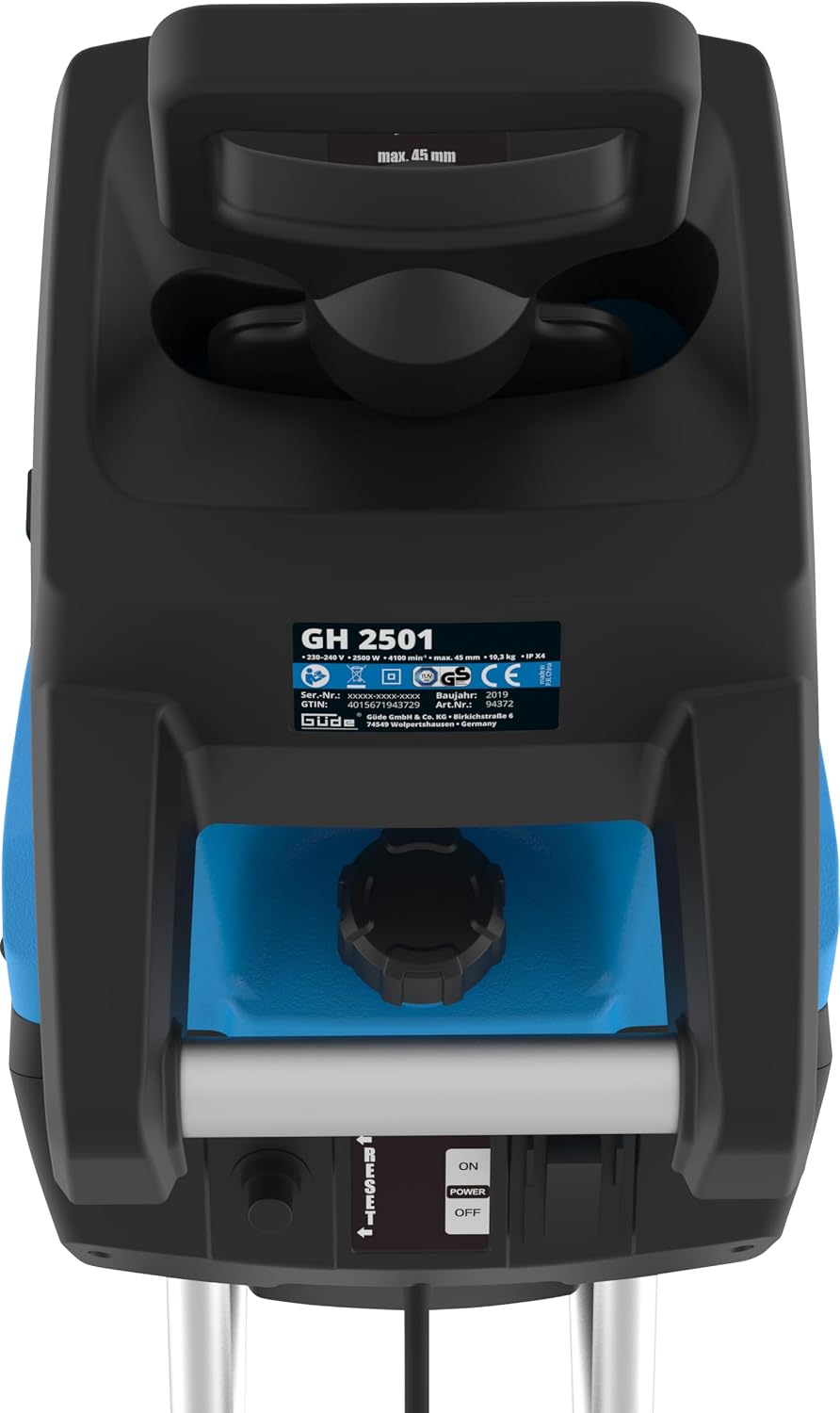 Trituradora de jardín Güde GH 2501 (2500 W, técnica de cuchillas, bajo mantenimiento, autoalimentación, ruedas de transporte, protección contra sobrecarga, grosor máx. de rama 45 mm, incl. bolsa de recogida de 45 L y empujador)