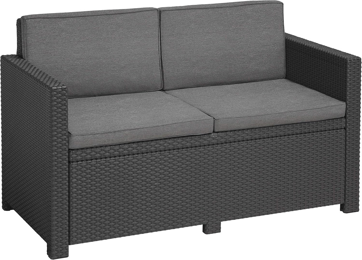 Sofá de jardín Victoria de Allibert by Keter - Sofá lounge de 2 plazas con aspecto de ratán, incl. cojines de asiento y respaldo, fácil de limpiar, resistente a la intemperie, gris, 129 x 63 x 77 cm
