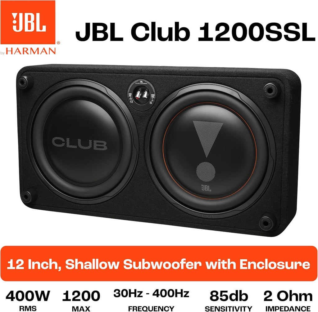 Subwoofer para coche JBL Club 1200SSL, caja plana de 12 pulgadas - Altavoz de graves de 1200W | Subwoofer utilizable como activo o pasivo gracias a la tecnología SSI de 2-4 ohmios, 400W RMS, profundidad de montaje reducida, cono de polipropileno robusto