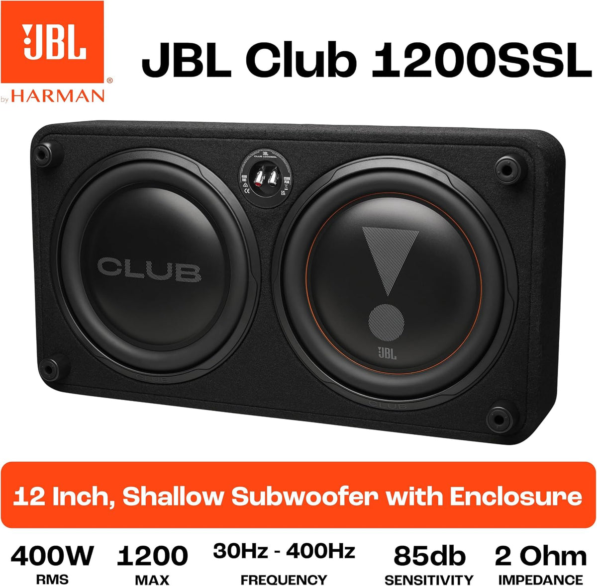 Subwoofer para coche JBL Club 1200SSL, caja plana de 12 pulgadas - Altavoz de graves de 1200W | Subwoofer utilizable como activo o pasivo gracias a la tecnología SSI de 2-4 ohmios, 400W RMS, profundidad de montaje reducida, cono de polipropileno robusto