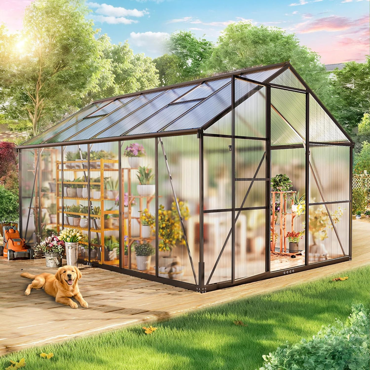 Invernadero de aluminio para jardín, 362x247x205cm invernadero de aluminio con cimientos, ventilación de techo ajustable, uso versátil como invernadero de cultivo resistente al invierno y casa para plantas