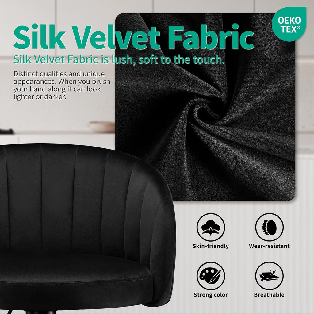 STOOLINK Juego de 2 taburetes de bar, regulables en altura, de tela de terciopelo, giratorios 360°, con respaldo y reposabrazos, para cocina, comedor, café, bistró - Negro