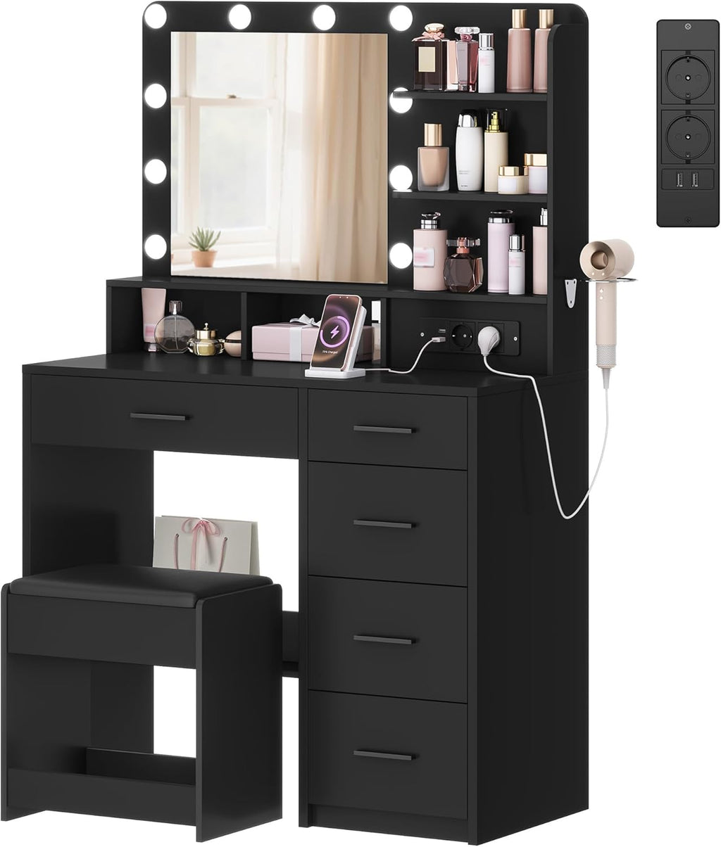 Tocador Hzuaneri con 10 luces LED, taburete, mesa de maquillaje con espejo grande, tocadores con enchufe, soporte para secador de pelo y varios cajones, negro, DT39006X