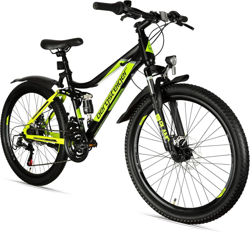 Bergsteiger Broome 24, bicicleta infantil de 26 pulgadas, cambio de 21 velocidades, cumple con StVZO, bicicleta de montaña con suspensión total, frenos de disco y luz de dinamo, adecuada para niños y niñas de 8, 9, 10, 11, 12, 13 años