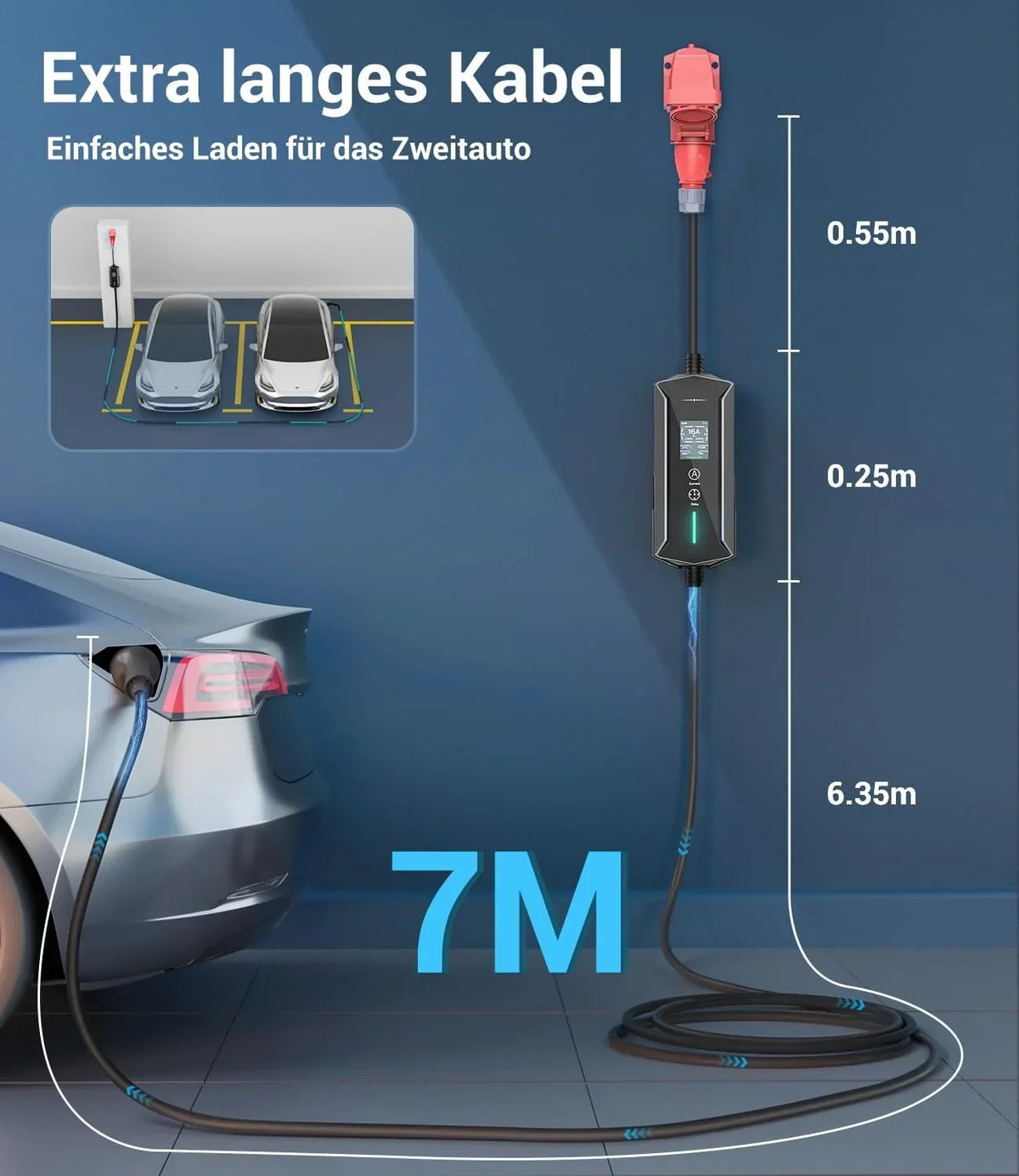 Cargador portátil Wallbox 11kW Tipo 2 400V 6-16A cable de 7m CEE 16A estación de carga EV IP65 con ajuste de tiempo de carga