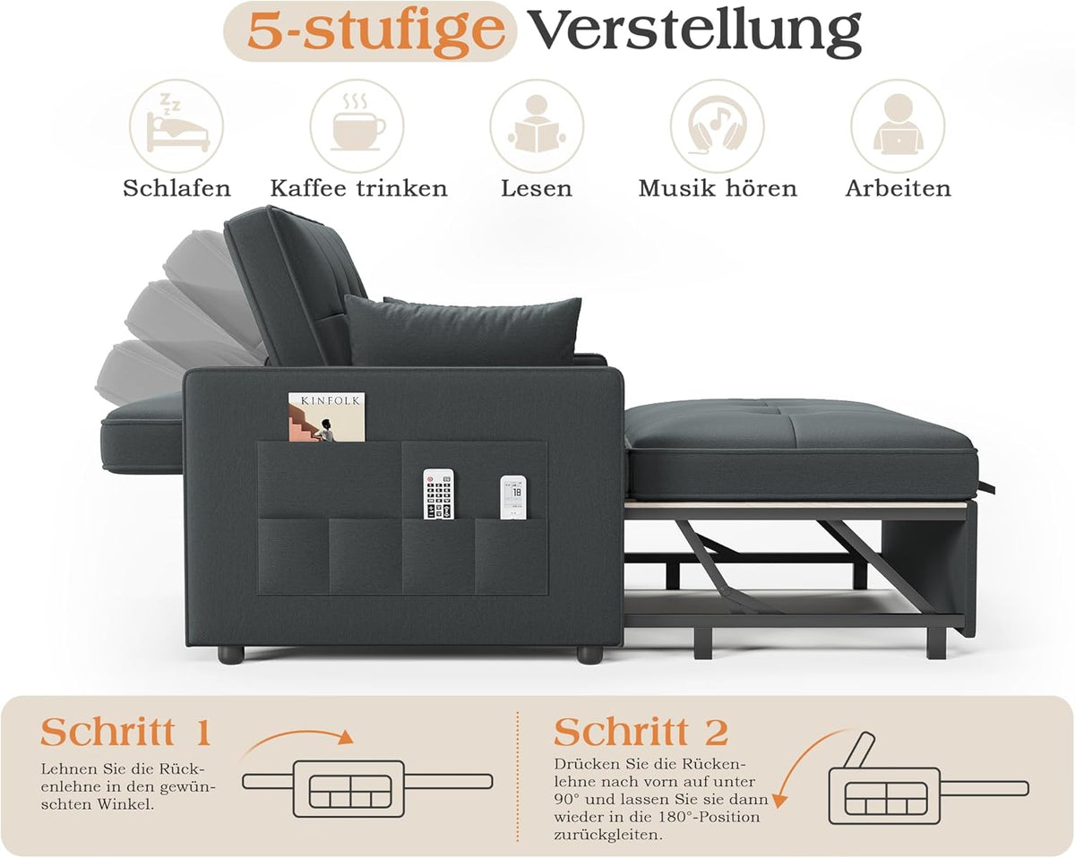 Sofá cama LUXOAK 186 x 122 cm con respaldo ajustable en 5 niveles, sofá cama 3 en 1 con cojines y bolsillo lateral, sofá de lino gris para habitación de invitados y espacios pequeños