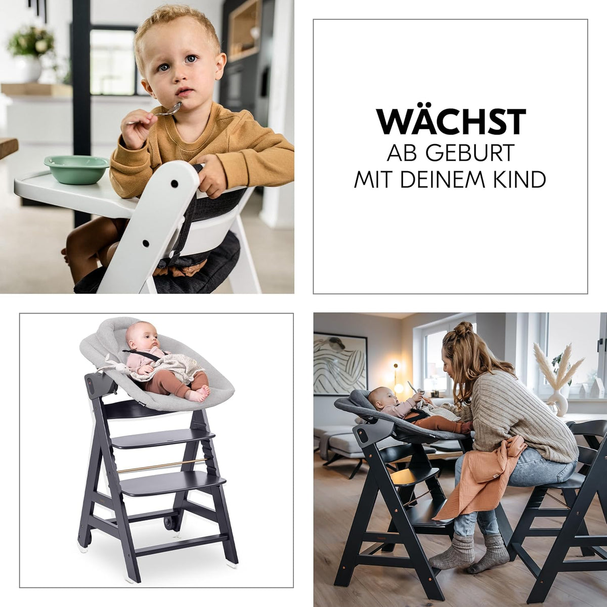 hauck Trona Beta+ Newborn Set Premium Dark Grey - Set de trona para bebé desde el nacimiento con accesorio para recién nacido Bouncer, cojín de asiento y bandeja - Gris oscuro