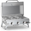 Onlyfire Parrilla de gas portátil de 3 quemadores | Parrilla de mesa con rejilla | 7 kW | Superficie de cocción 56,5 × 34 cm | con termómetro, tapa | Patas plegables | Parrilla de camping para terraza, balcón y jardín