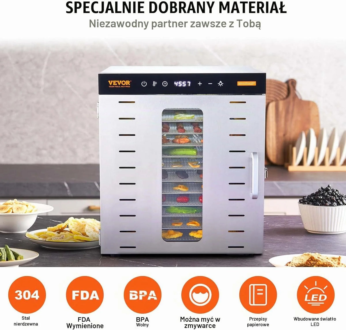 VEVOR Maszyna do odwadniania żywności 10 tacek ze stali nierdzewnej 1000 W Elektryczny odwadniacz owoców i warzyw Regulowana temperatura 30-90 °C Timer 0,5-48 h do ziół, mięsa