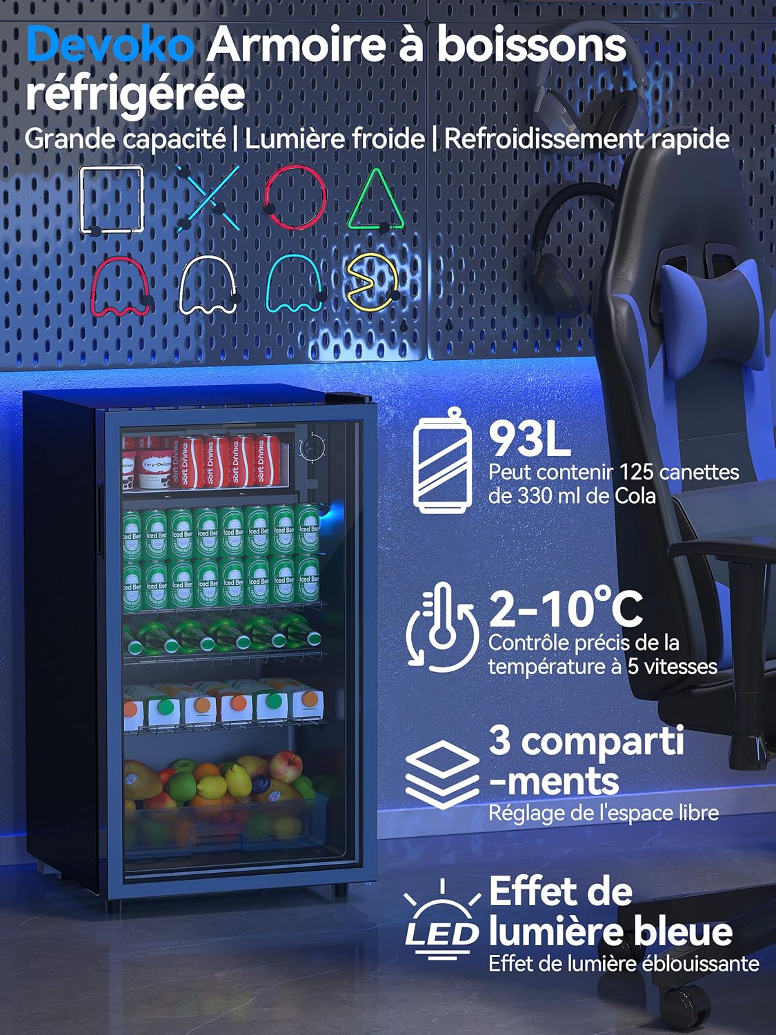 Devoko Nevera para bebidas de 93 L con puerta de cristal - Mininevera con luces LED RGB y estantes ajustables para uso interior/exterior. El refrigerador perfecto para su hogar, oficina, bar o fiesta.