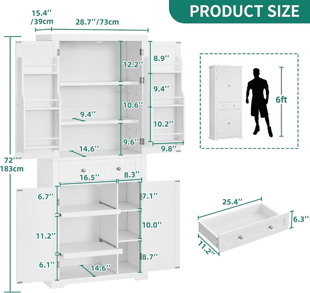 YITAHOME Szafka kuchenna 182,5 cm wysoka szafka do przechowywania, kredens kuchenny z ruchomą półką, biały kredens wolnostojący 70 x 40 x 182,5 cm