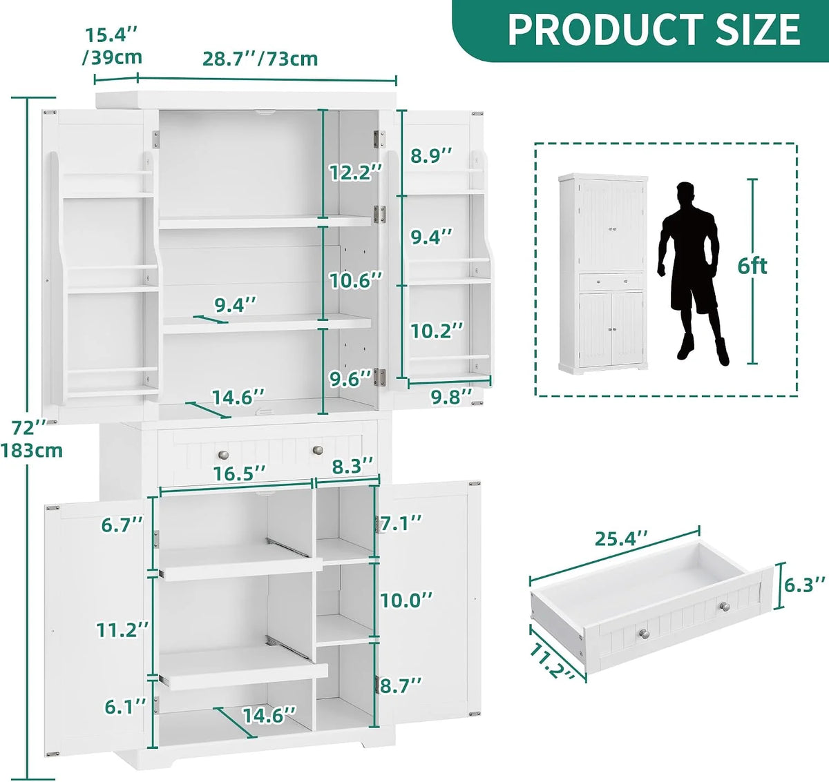 YITAHOME Szafka kuchenna 182,5 cm wysoka szafka do przechowywania, kredens kuchenny z ruchomą półką, biały kredens wolnostojący 70 x 40 x 182,5 cm