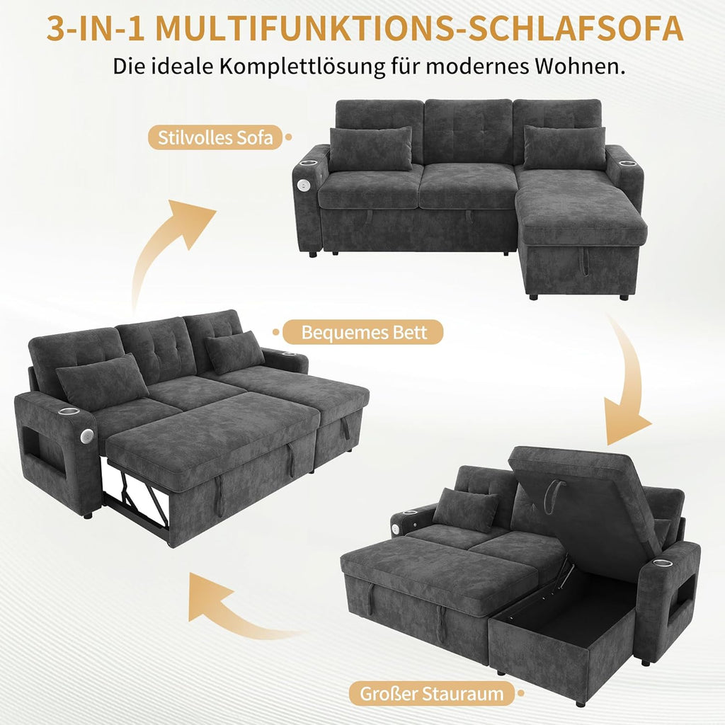 Sofá en L Merax con función cama y arcón, práctico sofá cama con espacio de almacenamiento, iluminación LED, USB/Tipo-C y 2 portavasos, sofá cama extraíble en forma de L, tela de chenilla, gris