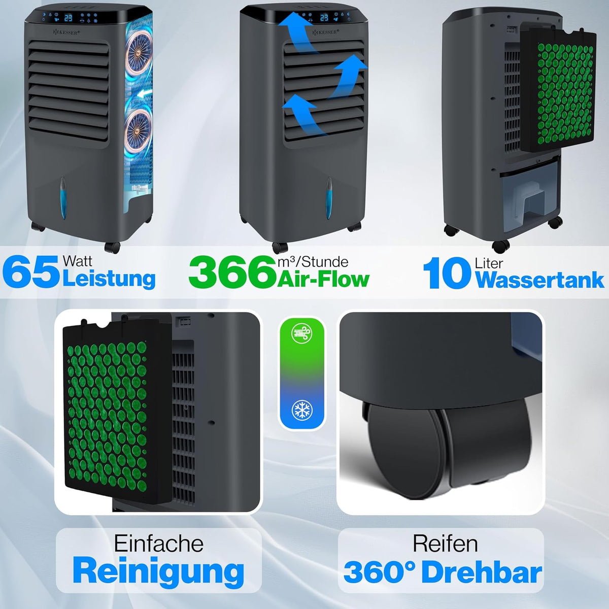KESSER® Aire acondicionado móvil 4 en 1, enfriador de aire con mando a distancia y temporizador, depósito de agua de 10 L, ionizador y humidificador, ventilador, climatizador sin tubo de escape, 3 niveles, incluye acumuladores de frío