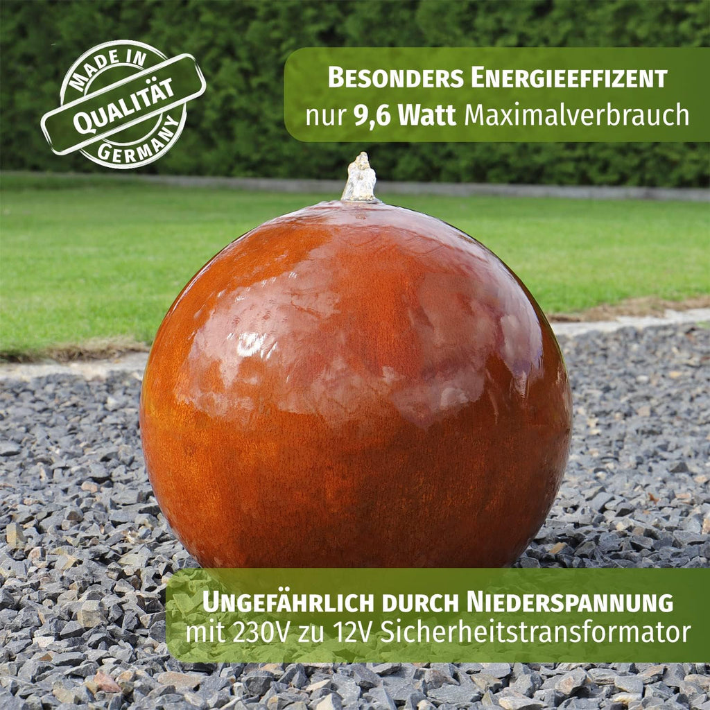 Fuente de esfera de acero corten CLGarden CSB50, fuente de jardín, juego de agua, esfera de óxido, fuente ornamental con iluminación LED