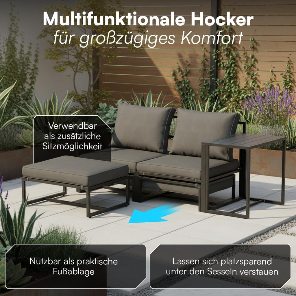 STEELSØN Asteri Sitzgruppe 5-teilig – Gartenmöbel Set mit 2 Sessel, 2 Hocker, 1 Tisch – Balkonlounge Metallgestell Schwarz – inkl. Sitzpolster anthrazit – Terrassenlounge für 2-4 Personen – wetterfest