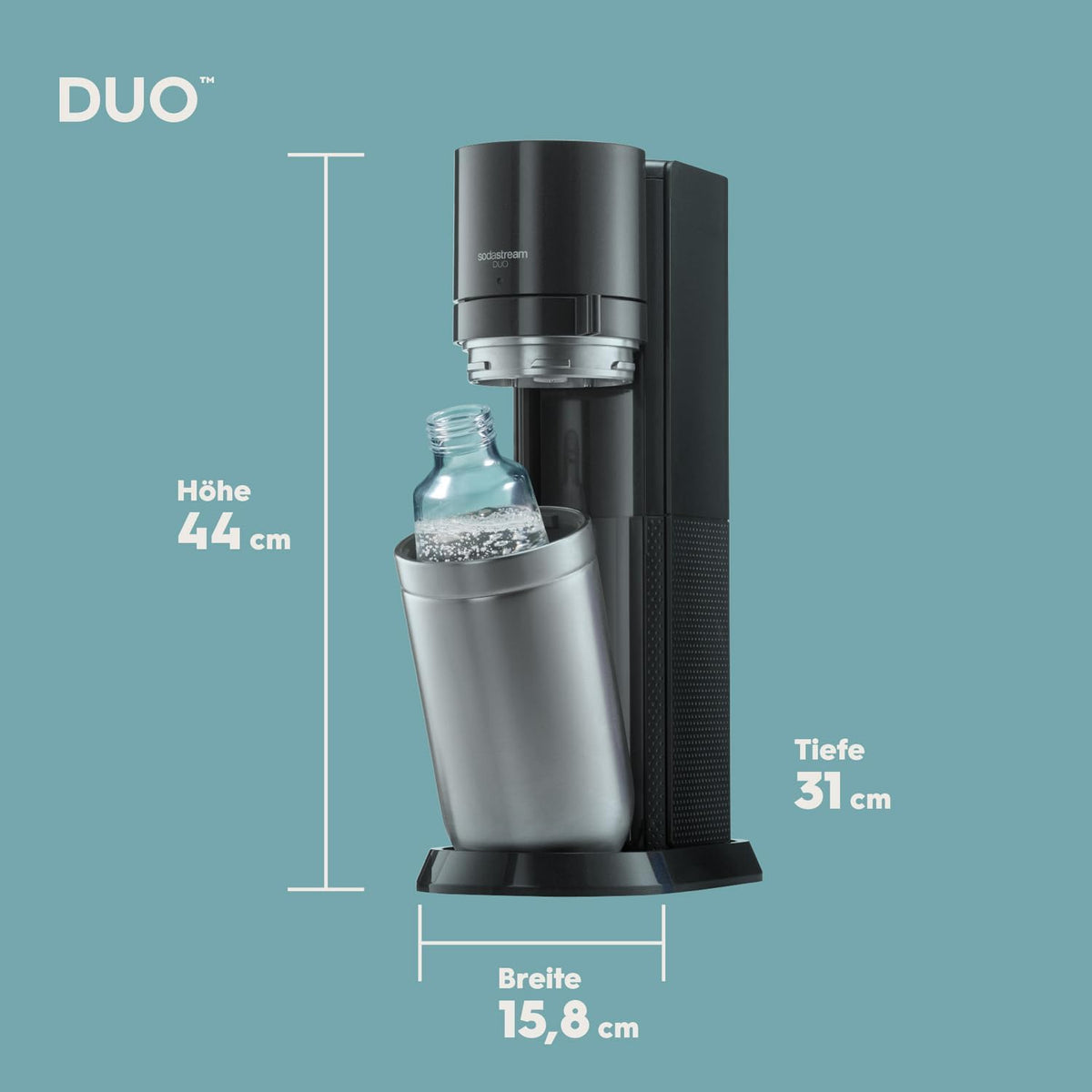 Gasificadora de agua SodaStream DUO Comfort-Set con cilindro de CO2 Quick-Connect | incl. 2 botellas de vidrio de 1 L, 2 botellas de plástico FUSE de 1 L (aptas para lavavajillas) y escurridor de botellas | Color: Titanio