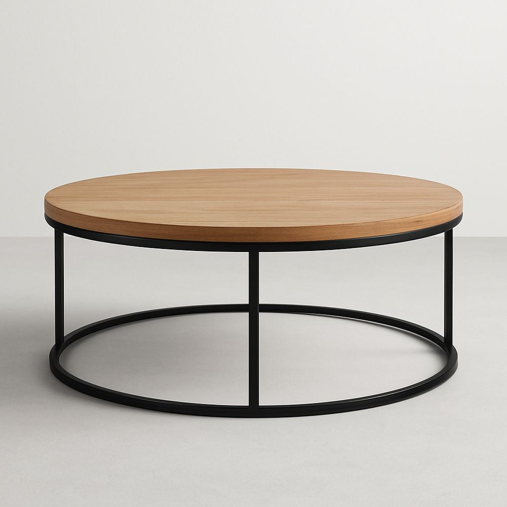 Mesa de centro redonda de madera y metal negro, diámetro 90 cm