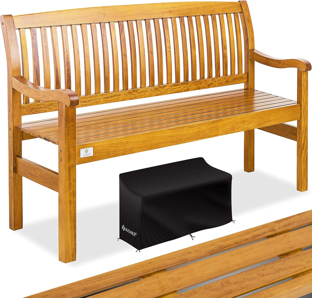 KESSER® Banco de jardín de madera, resistente a la intemperie | Para 3 a 4 personas | Banco de parque de madera maciza | Banco con capacidad de carga de 320 kg, 150 cm | Banco para balcón, terraza y jardín, incluye funda, marrón claro