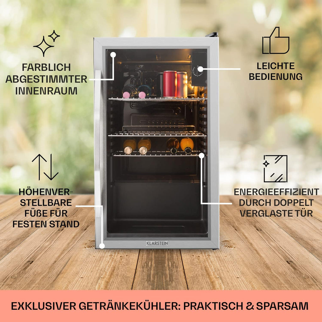 Mininevera Klarstein con puerta de cristal para habitaciones, refrigerador de bebidas con estantes ajustables, pequeño de 80 litros, frigorífico silencioso para interiores/exteriores