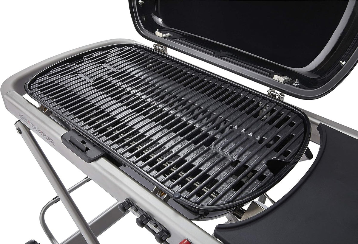 Barbacoa de gas portátil Traveler con soporte plegable y ruedas, quemador de 3,8 kW, superficie de cocción de 2065 cm² y termómetro en la tapa