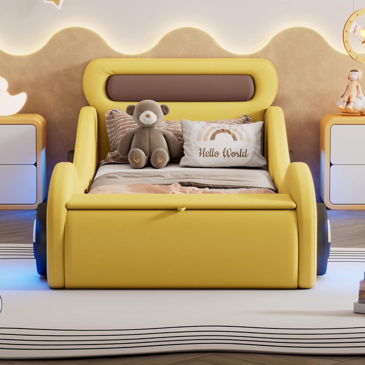 Cama infantil con forma de coche, cama juvenil 90x200, cama tapizada individual con ruedas iluminadas y espacio de almacenamiento, emocionante cama infantil de carreras, cama de juegos para niños con somier, PU, sin colchón, amarillo