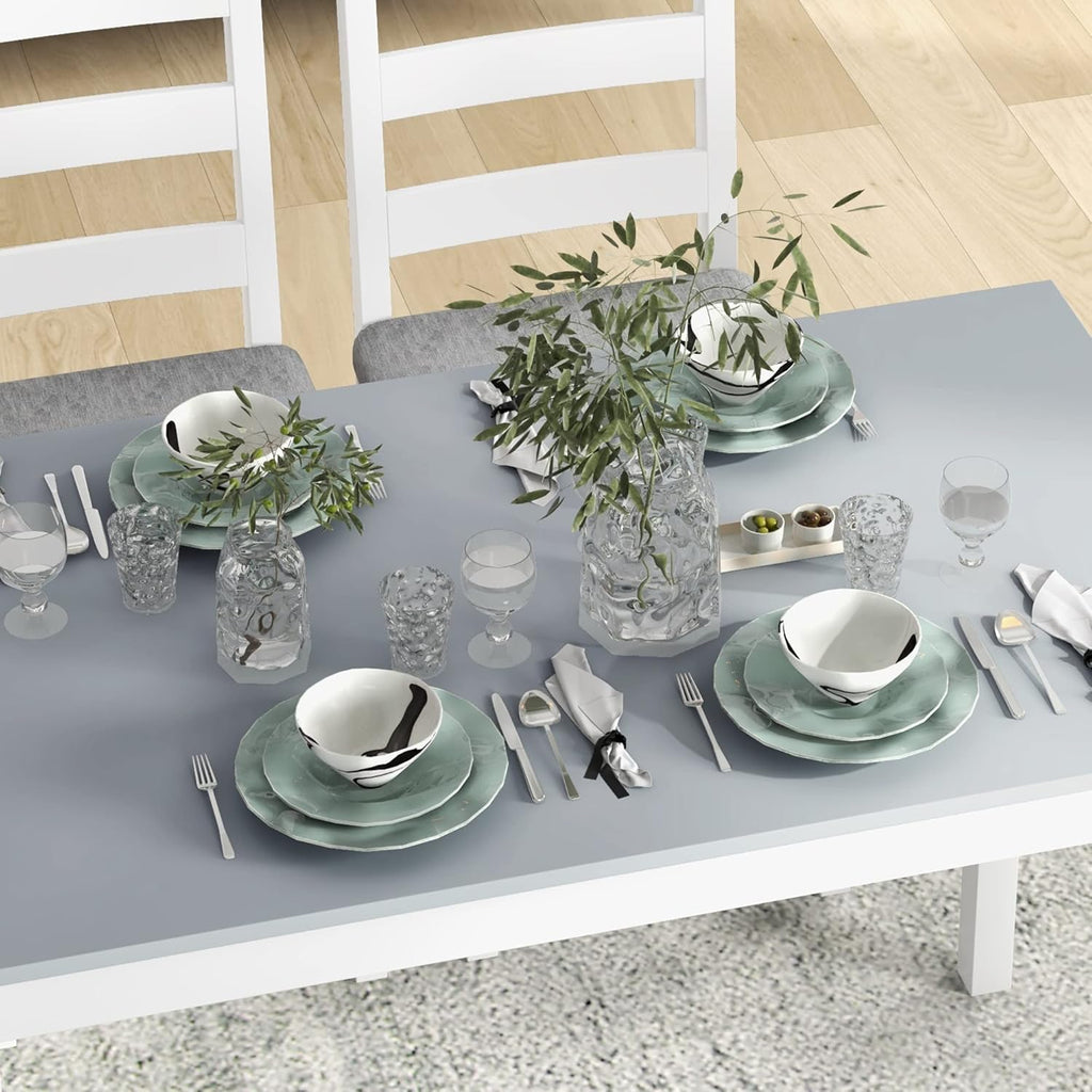 HOMCOM Juego de comedor con mesa, 2 sillas y 1 banco, conjunto de comedor de madera maciza que ahorra espacio, con cojines, set de mesa de cocina para comedor y cocina, gris y blanco