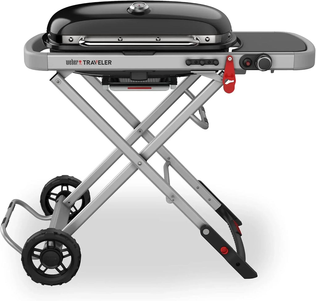 Barbacoa de gas portátil Traveler con soporte plegable y ruedas, quemador de 3,8 kW, superficie de cocción de 2065 cm² y termómetro en la tapa