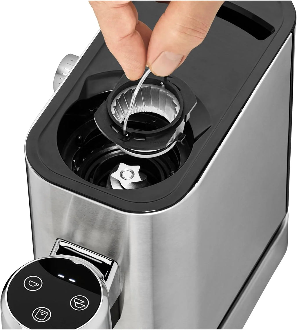 WMF Lumero elektryczny młynek do espresso 150 W, przyciski dotykowe LED, 40 stopni mielenia, pojemnik na kawę, stal nierdzewna Cromargan matowa