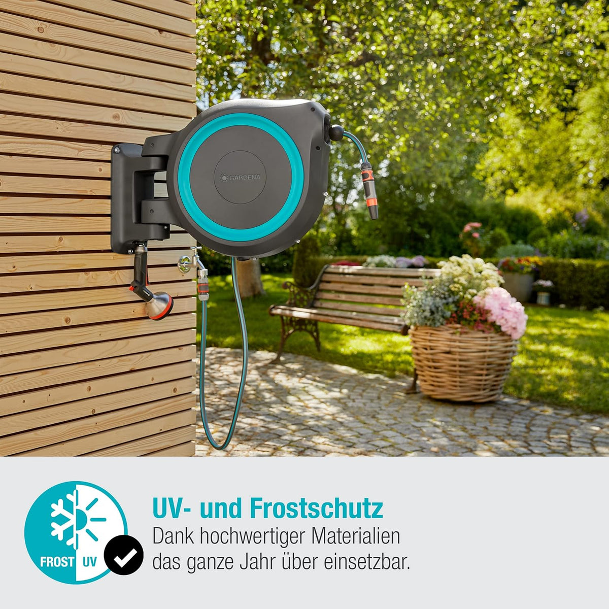 Caja portamanguera de pared Gardena RollUp XL (turquesa) 35 m: riego flexible para jardines grandes, caja portamanguera orientable, incluye manguera de calidad Gardena de 35 m y accesorios de montaje (18630-20)