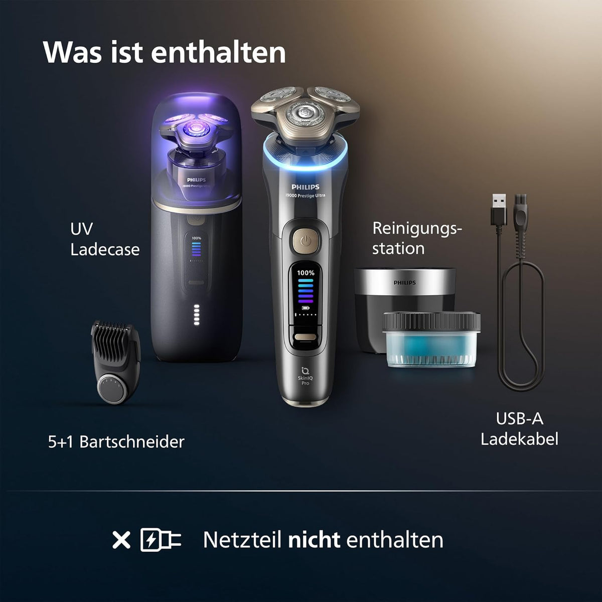Afeitadora i9000 Prestige Ultra, afeitadora en seco y húmedo para hombre, adriatic, sensor de presión y movimiento, estilizador de barba 5+1, estación de limpieza, estuche de carga UV y estuche de viaje (modelo XP9402/46)