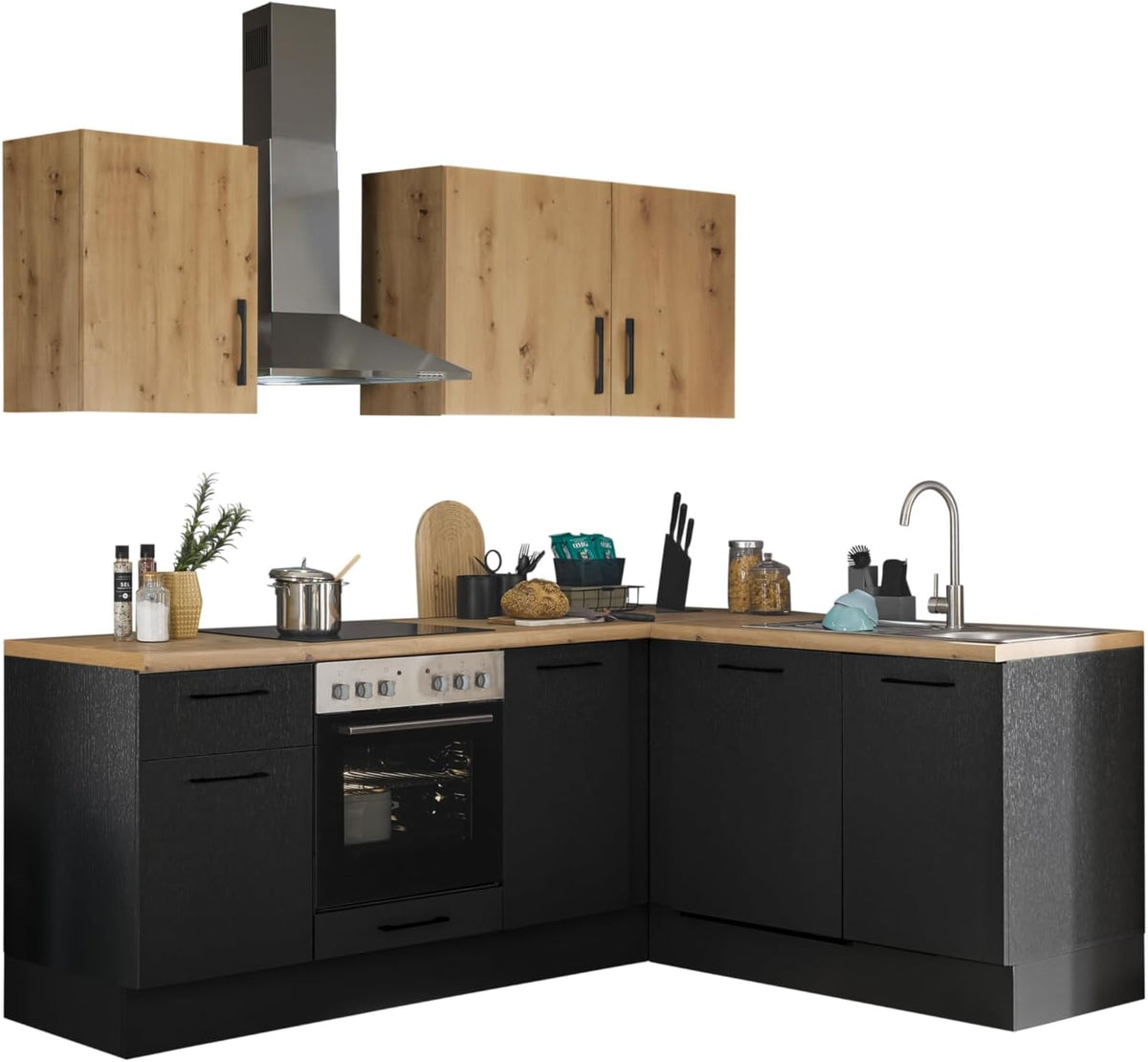 Cocina en L Turin 220 x 211 x 60 cm, negro - Sin electrodomésticos - Cocina moderna y espaciosa con aspecto de roble artesano y gran capacidad de almacenamiento