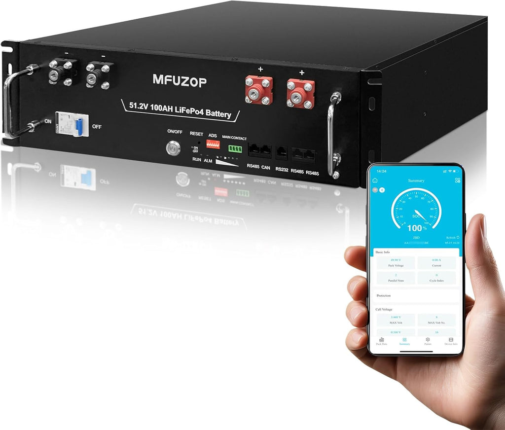 Batería de litio MFUZOP 48V 100Ah LiFePO4 5,12 kWh, batería para rack de servidor con BMS de 100A integrado, Bluetooth y aplicación, más de 15 000 ciclos, para energía solar, sistema aislado (off-grid), autocaravana (48V 100Ah (1 unidad))