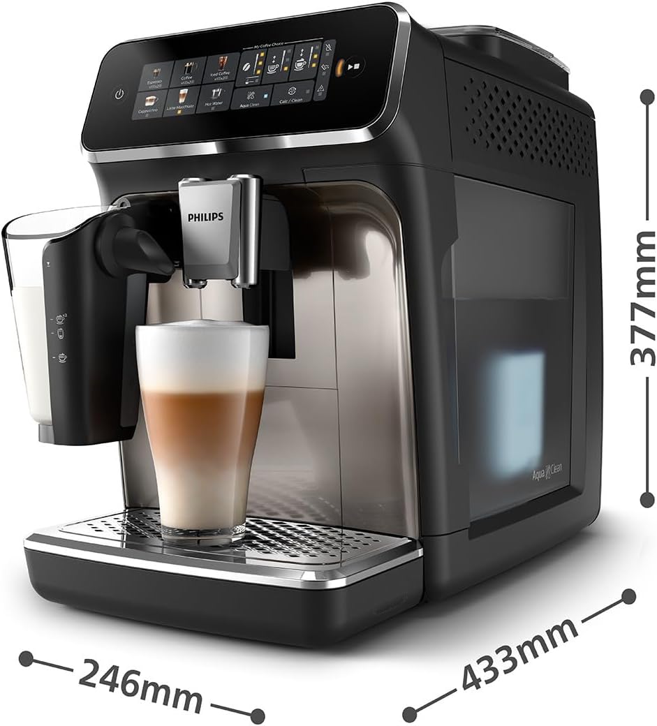 Cafetera superautomática Philips Serie 3300: 6 bebidas, pantalla táctil a color moderna, sistema de leche LatteGo, SilentBrew, molinillo 100% cerámica, filtro AquaClean. Cromo negro (EP3347/90)
