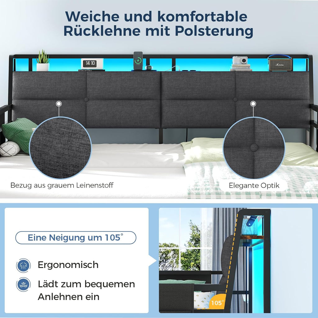 Sofá cama Brinlawb con cama nido, diván de 90x200 (180x200) cm, diván extraíble con iluminación LED y estación de carga (2 tomas de corriente CA, 2 puertos USB), cama individual y cama doble, cama de invitados