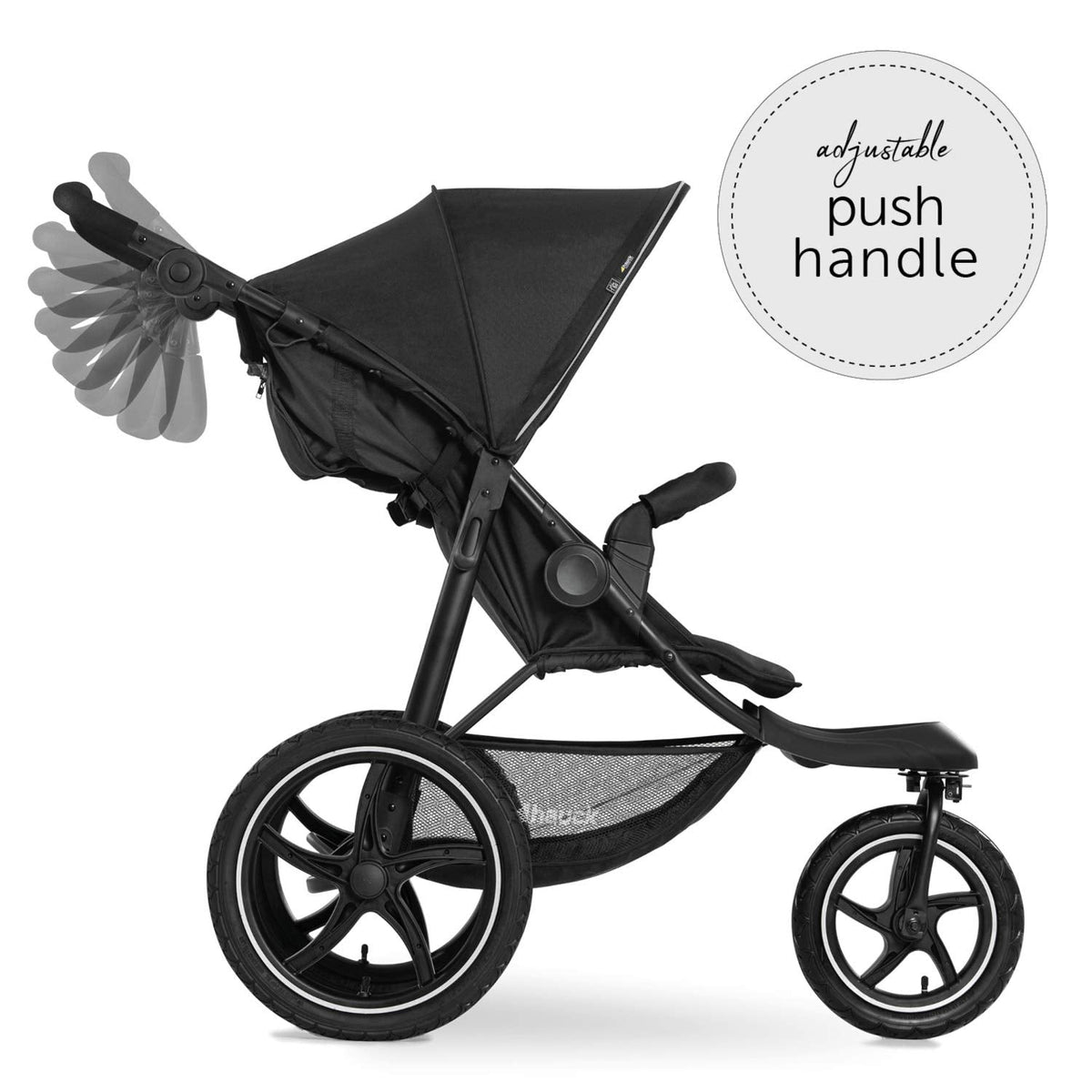 Cochecito hauck Runner 2, silla de paseo de tres ruedas con ruedas neumáticas XL para niños de hasta 22 kg, protección UV 50+, ventana de ventilación, altura ajustable, plegable, cesta XL de hasta 3 kg, función de reclinado (negro)