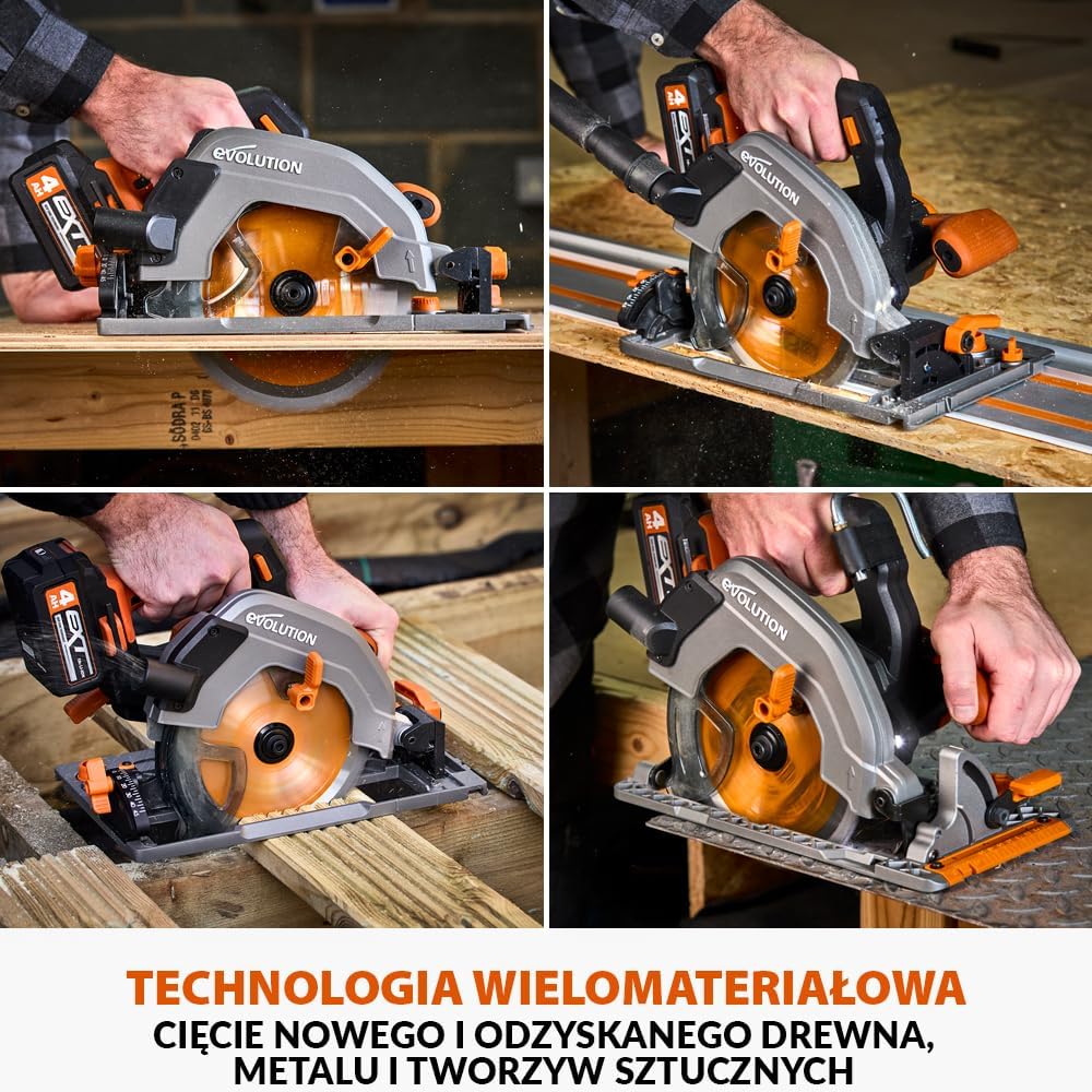 Evolution Power Tools R185CCSX-Li Pilarka tarczowa akumulatorowa 18v Li-Ion EXT z tarczą TCT do wielu materiałów, do cięcia drewna, metalu, plastiku, akumulator i ładowarka w zestawie, 185 mm
