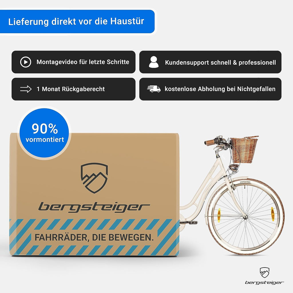 Bergsteiger Marseille 26, 28 pulgadas, bicicleta de paseo para mujer, a partir de 150 cm, cesta de mimbre, luz para bicicleta, bicicleta urbana para mujer, bicicleta de mujer con diseño retro, cambio Tourney de 6 velocidades, cambio de marchas por cadena