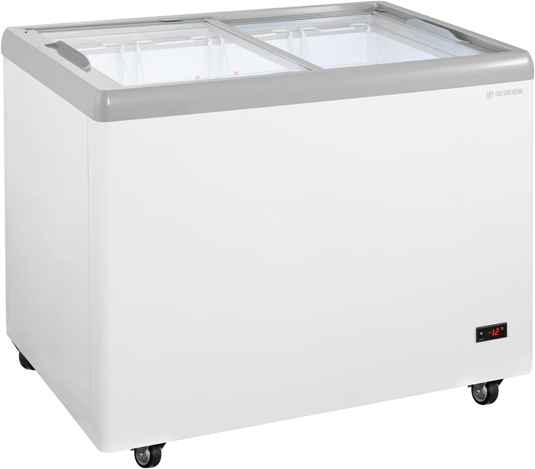 GastroHero Arcón congelador para helados 284 litros Congelador horizontal Iluminación LED Tapa de cristal corredera Ruedas Congelador comercial para helados Ventas –18 °C Hostelería Kiosco