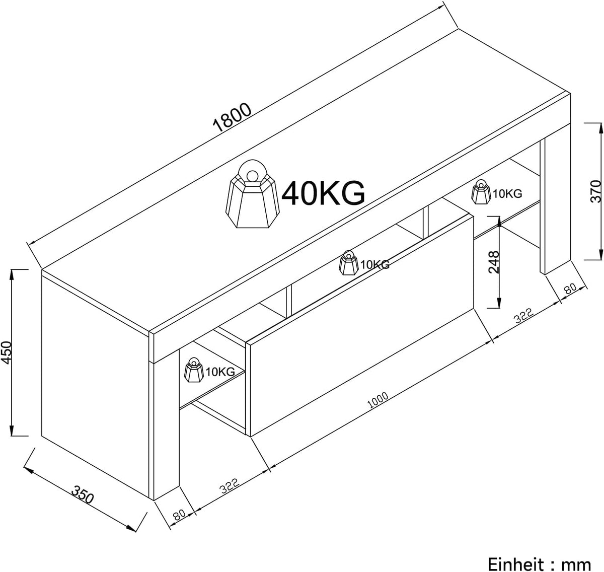 Mueble de TV moderno SONNI de 180 cm, mueble bajo en blanco brillante con iluminación LED de 16 colores, cajón, estantes de cristal abiertos, mesa de TV para televisores de hasta 65 pulgadas para salón y dormitorio, 180x35x45 cm.