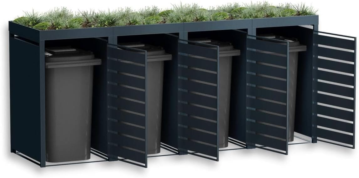 Cubrecontenedores Metzler para 4 cubos de 240L en antracita y efecto madera con techo ajardinado y franjas decorativas, cerramiento para 4 cubos con tapa automática, caseta para basura de acero inoxidable con recubrimiento en polvo, con cerradura