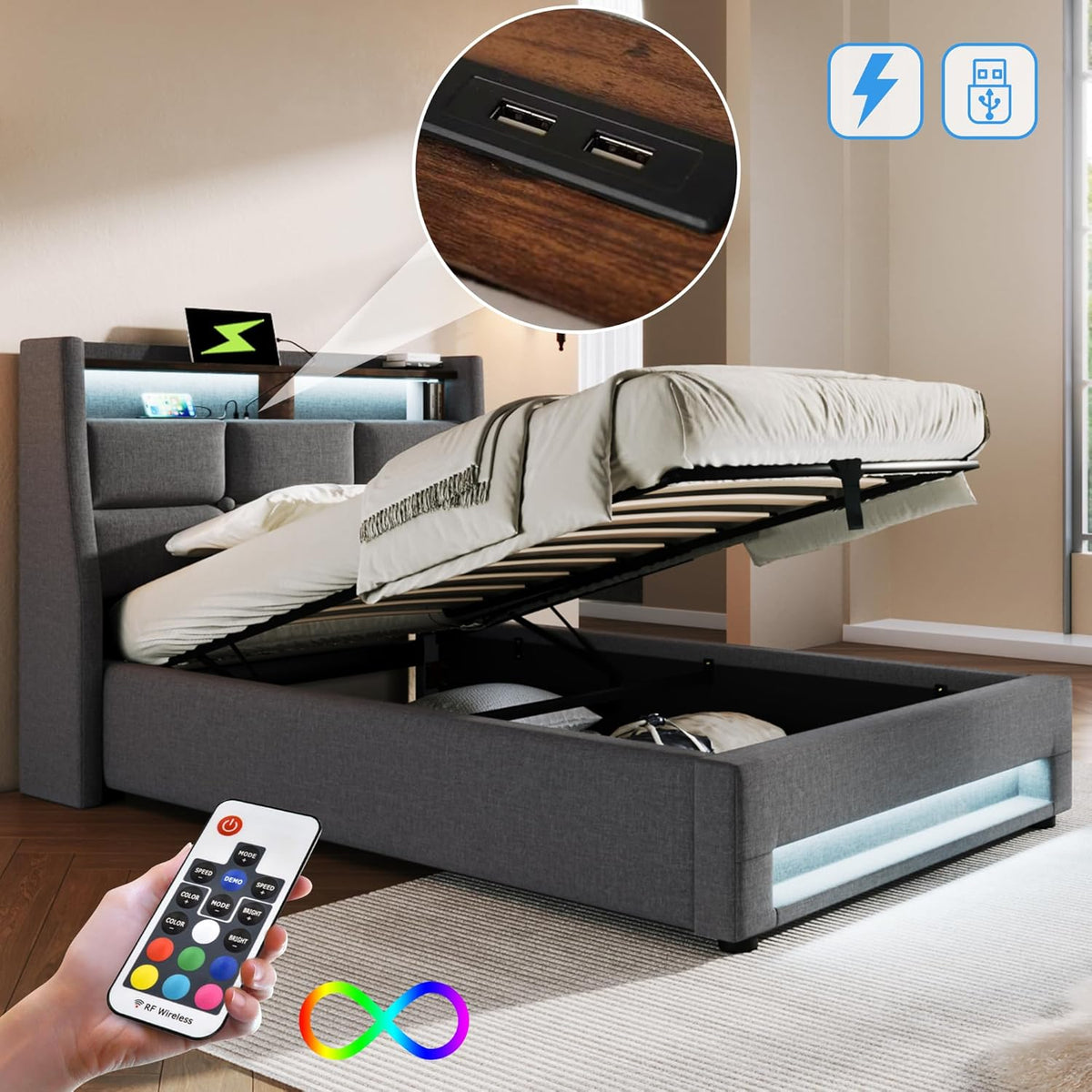 Cama tapizada Kayan 90x200cm, cama individual con almacenamiento y somier, cabecero LED con función de carga USB, cama con almacenamiento, cama funcional, respaldo, estructura de cama, lino (Gris, 90x200cm)