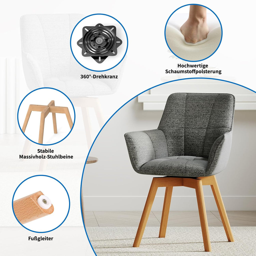 WAFTING Juego de 6 sillas de comedor giratorias, silla giratoria de 360° con reposabrazos y patas de madera, silla tapizada de terciopelo para comedor, sala de estar, cocina, dormitorio, gris oscuro