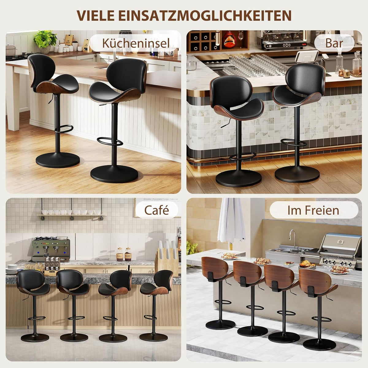 Set de 2 taburetes de bar, silla de bar ajustable en altura de piel sintética y madera maciza, silla giratoria 360° con respaldo y reposapiés para cocina, sala de estar, comedor, bar, negro