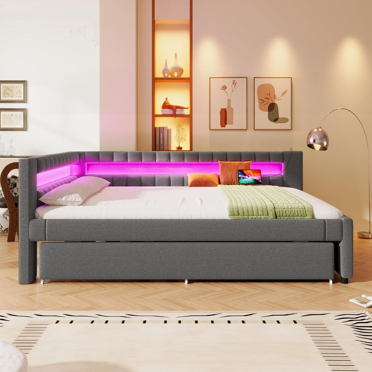Cama tapizada con sofá cama 140x200 con iluminación LED y función de carga USB tipo C, estructura de cama con cama extraíble y somier, cama doble, diván, cama de día, cama de invitados, cama juvenil, lino, sin colchón, gris