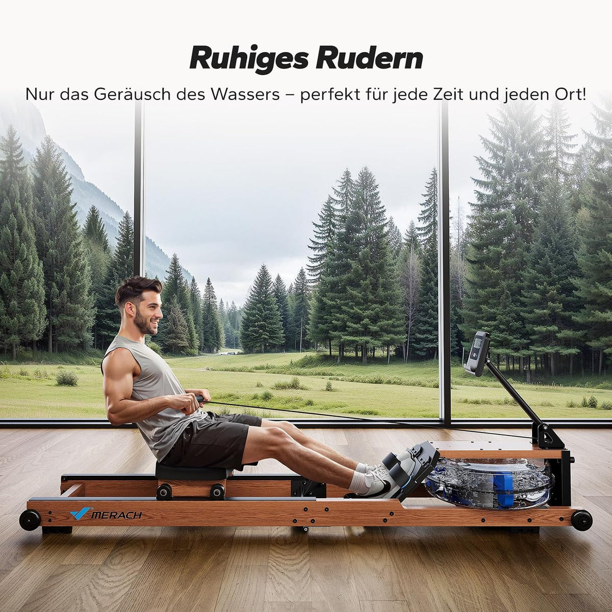 Máquina de remo de agua MR-R28 plegable de madera con resistencia al agua, pantalla LCD, compatibilidad con APP y capacidad de carga de 180 kg