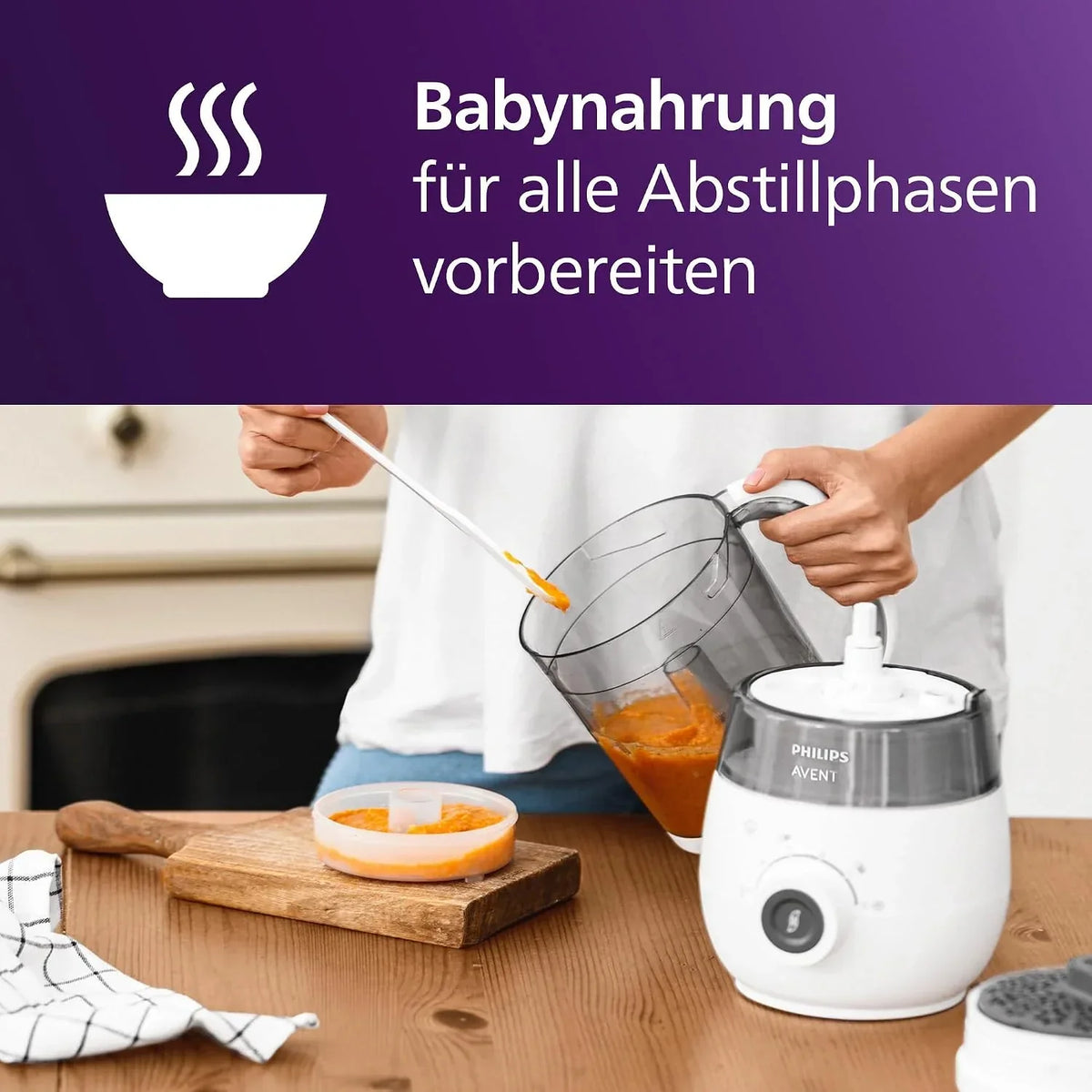 Robot de cocina 4 en 1 SCF883/01 con vaporera y batidora, 400 W, para cocinar al vapor, triturar, descongelar y calentar alimentos infantiles